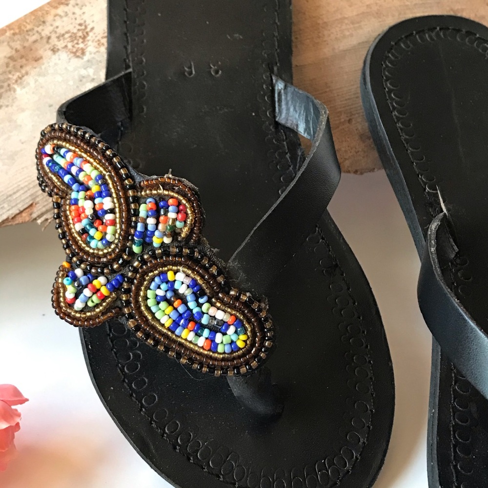 Black Leather Handmade Beaded Size 6 Sandals
